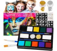 LOPHE Face Painting Kit, 22 Pcs Face Body Paint Palette for Kids Adults, 10 Color Water Based Face Paint with Brushes & Stencils & Glitters, Washable Safe Makeup Paint for Halloween Christmas Cosplay
