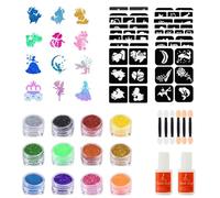 LOPHE Glitter Tattoo Kit for Kids - 16 Reusable Stencils, 12 Colour Glitter Powder 2 Glue 10 Brushes, Safe Body Art | Animal, Mermaid, Christmas Designs | Birthday Party, Halloween Face Paint Gift