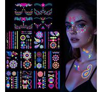 LOPHE Neon Temporary Tattoo,12 Sheets Glow in the Dark Body Tattoos, Neon UV Light Reactive, Waterproof and Durable, for Kids and Adults, Perfect for Party Festival and UV Light Events