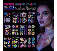 LOPHE Neon Temporary Tattoo,15 Sheets Glow in the Dark Temporary Tattoos with Face and Body Designs,Neon UV Light Reactive, Waterproof and Long Lasting,for Kids and Adults,Ideal for Parties Festivals