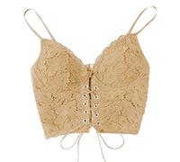 LOPILY Ladies Cami Vests Sexy Elegant Retro Sleeveless Strappy Corset Lace Up Cropped Tops Buttons Dreawstring V Neck Fashion Classy Tank Top for Women Khaki