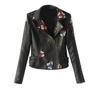 LOPILY Ladies Floral Embroidered Rain Jacket Rivet Front Side Zipper Waterproof Coat Functional Leather Windproof Jacket Coat(Black,M)