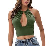 LOPILY Ladies Sexy Slim Vest Top Halter Neck Hollow Cut Elegant Tummy Control Push Up Cropped Tops Solid Color Classy Blouse Strappy Off Shoulder Stylish Vest Tops Green