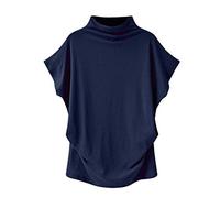 LOPILY Women's Summer Tops Turtleneck Bat Wing Sleeve Blouse Solid Color Pleated Hem T-Shirt Flowy Stylish Yoga Fitness Basic Tee Daily Blouse(Navy,20 UK/4XL CN)