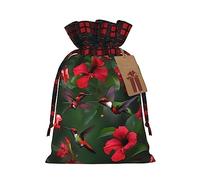 Loppott Hummingbirds Red Flower Hibiscus Print Christmas Gift Bag,Reusable Christmas Bags Forholiday Party Favor Supplies Gifts