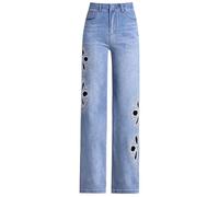LoprNsdgt Women's Embroidery Hot Diamond Jeans Hollow Out Flowers Casual Straight Trouser,Blue,S