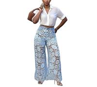 LoprNsdgt Women's Hollow Lace Floral Patchwork Vintage Loose Fashion Straight Denim Pants,Blue,3XL