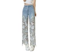 LoprNsdgt Women's Lace Patchwork Hollow Out Jeans High Waisted Casual Straight Trousers,Blue,M