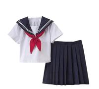 Lopuck Women JK Uniform Suit Japanese School Girls Uniform White Short Sleeve Sailor Costume Short Pleated Skirt Set (S)