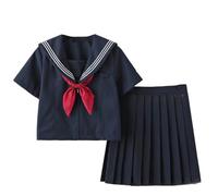 Lopuck Women's Japanese School Girls Uniform Navy Blue Short Sleeve Sailor Costume JK Uniform Pleated Skirt Set (L)