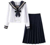 Lopuck Women's Japanese School Girls Uniform Sailor Costume White Navy Blue Long Sleeve JK Uniform Long Pleated Skirt Set (M)