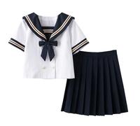 Lopuck Women's Japanese School Girls Uniform Sailor Costume White Navy Blue Short Sleeve JK Uniform Short Pleated Skirt Set (2XL)