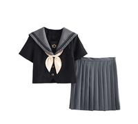 Lopuck Women's JK Uniform Suit Black Grey Japanese School Girls Uniform Short Sleeve Sailor Costume Pleated Skirt Set (XL)