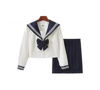 Lopuck Women's JK Uniform Suit Cream White Japanese School Girls Uniform Long Sleeve Sailor Costume Pleated Skirt Set (L)