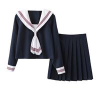 Lopuck Women's JK Uniform Suit Navy Blue Japanese School Girls Uniform Long Sleeve Sailor Costume Pleated Skirt Set (M)