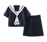 Lopuck Women's JK Uniform Suit Navy Blue Japanese School Girls Uniform Short Sleeve Sailor Costume Pleated Skirt Set (M)
