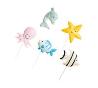 LOPUNER 5Pcs Ocean World Cartoon Cake Toppers Set with Dolphin, Octopus, Blue Fish, and Striped Fish - Undersea Party Decorations for Birthday Cakes and