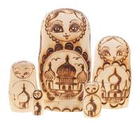 LOPUNER Russian Nesting Dolls Set Pyrography Relief Effect Five Layers and Wooden Doubleheaded Pattern, Khaki Colour Decorative Keepsake and Birthday