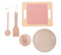 LOPUNER Wooden Kitchen Playset 5pcs - ’s Pretend Play Kitchenware Set with Wooden Spatula, Spoon, Small Bowl, Plate, and Red Checkered Large Cutting Board for Role Play