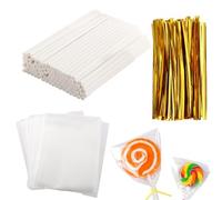 LOPYXBR 1800 Sets Cake Pop Sticks and Wrappers Kit, 10cm Paper Lollipop Stick with Clear Cake Pop Bags and Gold Twist Ties, Cakes Pops Sticks and Bags for Making Candy, Suckers, Chocolates and Cookies
