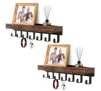 LOPYXBR 2 Packs Key Holder for Wall, 24.5x6.1x6cm Key Holder with Wood Tray and 6 Hooks, Keys Rack with Storage Shelf Adhesive, Shelf with Hooks for Hallway, Entryway, Bedroom, Office, Hallway