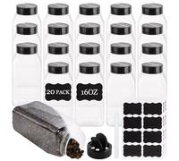 LOPYXBR 20PCS Plastic Spice Jars with Lids and Labels 480ml/16oz Spice Shaker Clear Seasoning Jars with Shaker Lids Reusable Square Spice Bottles for Spice, Powders, Herbs Storage