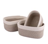 LOPYXBR 3 Pcs Woven Storage Basket, 3 Size White&Brown Rope Storage Baskets, Large Wicker Basket and Small Storages Baskets for Shelves, Skin Care Organizer, Bathroom