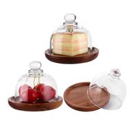 LOPYXBR 3PCS Mini Cake Stand with Dome Lid Glass, 10.4 x 9 cm Wooden Cake Stand with Glass Cake Dome Small Cakes Display Stands with Glasses Domes Cover for Birthday Party Wedding Kitchen