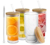 LOPYXBR 4 Pack 11oz Glass Cups with Lids and Straws, 320ml Glass Tumbler with Straw and Lid, Iced Coffee Cup Glasses with Cleaning Brush, Ice Coffee Glasses for Juice, Soda Water, Cocktail, Whiskey