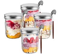 LOPYXBR 4 Pack Mason Jars for Overnight Oats 350ml/12oz Glass Breakfast Pots with Lids and Spoon, Reusable Yoghurt Pots Overnight Oats 350ml for Yogurt, Pudding Fruit Milk Cereal (4 PCS)