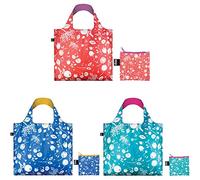 LOQI Seed Reusable Shopping Bags (Set of 3), Coral Bell, Cornflower, Teal