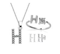 Loqimu 3Pack Initial Jewelry Sets Rings Uppercase Pendant Necklace Earrings Studs Women Accessories, H, Copper, Cubic Zirconia