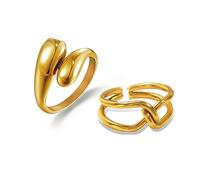 Loqimu Chunky Statement Rings Stainless Steel Gold Stackable Rings for Women Teen Girls Open Adjustable Knuckle Midi Pinky Rings Fashion Water Drop Dome Rings Crossover Knot Twist Rings 2 Pack