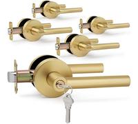 LOQRON 5 Pack Wholesale Keyed-Alike Brushed Gold Keyed Entry Door Handle, Round Design Heavy Duty Door Lever with Lock, Reversible for Left/Right Handed for Entrance and Front Door, Satin Brass