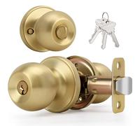 LOQRON Brushed Gold Ball Design Door Knob with Keys and Lock, Keyed Entry Round Shaped Doorknob for Front/Entrance Doors, Satin Brass Finish