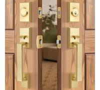 LOQRON Brushed Gold Double Front Door Lock Set, Keyed Entry Front Door Handleset with Dummy, Square Heavy Duty Door Lever and Single Cylinder Deadbolt Combo, Satin Brass