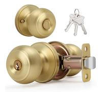 LOQRON Brushed Gold Flat Ball Door Knob with Keys and Lock, Keyed Entry Round Design Doorknob for Front/Entrance Doors, Satin Brass Finish