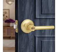 LOQRON Brushed Gold Round Style Door Handle with Lock and Key, Keyed Entry Reversible Door Lever for Office or Front Door, Satin Brass Finish