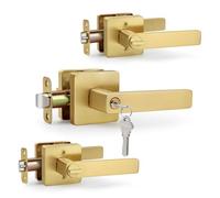 LOQRON Square Keyed Entry Door Lever, Brushed Gold Heavy Duty Door Lever with Key for Entrance Front Door, 3 Pack Wholesale Keyed-NOT-Alike Reversible Door Handle for Right/Left Door, Satin Brass