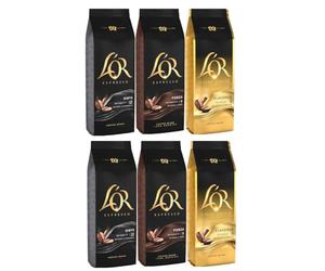 L'OR Whole Coffee Beans Variety Pack 500g, Flavours Inc. Espresso Onyx, Forza, Crema Absolu Classique (Pack of 6, Total 3Kg/ 3000g)
