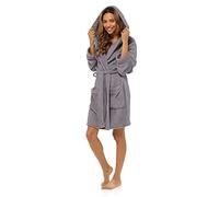Lora Dora Ladies Dressing Gown Womens Luxury Short Hooded Bathrobe Teen Girls Fleece Robe Housecoat Loungewear Gift Grey Medium
