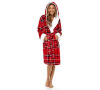 Lora Dora Ladies Dressing Gown Womens Luxury Tartan Check Robe Hooded Sherpa Housecoat