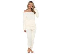 Lora Dora Womens Luxury Teddy Bear Fleece Lounge Set Ladies Off Shoulder Top Lounge Pants Cream M/UK 12-14