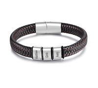 lorajewel Bracelet for Men with Engraved Personalised Gifts for men Black Leather Bracelet with Name Gift for Father's Day Christmas Valentine's Day (Silver-3 Name)