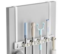 Lorbro Broom Holder Door Mount, Over the Door Broom and Mop Holder with 2 Over Door Hooks, Wood Broom Hanger, Tool Rack Organizer for Laundry, Garage, Closet, Kitchen Decor, 4 Slots & 4 Hooks Rustic