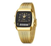 Lorciix Men’s Retro Analog-Digital Watch, Square Case, Quartz Dual Time with Alarms & Stopwatch, 30M Water Resistant, Mineral Glass, Stainless-Steel Bracelet, Gold Black, Fashion Watch