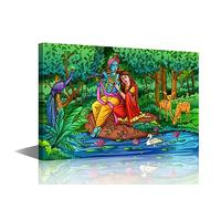 Lord Krishna and Radha Canvas Wall Art Ganesha Pictures for Home Bedroom Wall Decor Hindu God Prints and Poster Happy Janmashtami Holiday Artwork Framed Ready to Hang 18x12inch