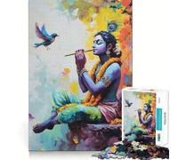 Lord Krishna Playing Flute Jigsaw Puzzle for Adults 1000 Pieces Cognitive Train Clear Tone Pattern Assemble Birthday Art Gift (38x26cm)