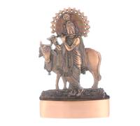 Lord Krishna Statue Murti Copper Bronze Metal Small Krishna with Flute Cow Hindu Indian God Idol for Car Dashboard Home Office Desk Mandir Temple Pooja Décor Diwali Wedding Gift
