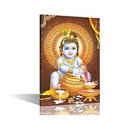 Lord Krishna Wall Art Lord Krishna Playing with Decorative Flute Poster Prints on canvas Wearing Ornaments Krishna Home Decor 1 Piece Wall Decor for Living Room Framed Ready to Hang (16''Wx 24''H)